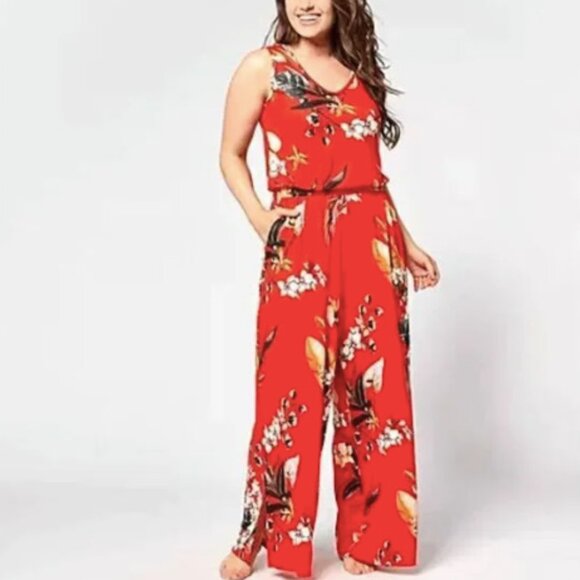 Bumble Bella Jill Martin Red Floral Print Sleeveless Jumpsuit, M Vacation Cruise - Picture 1 of 5